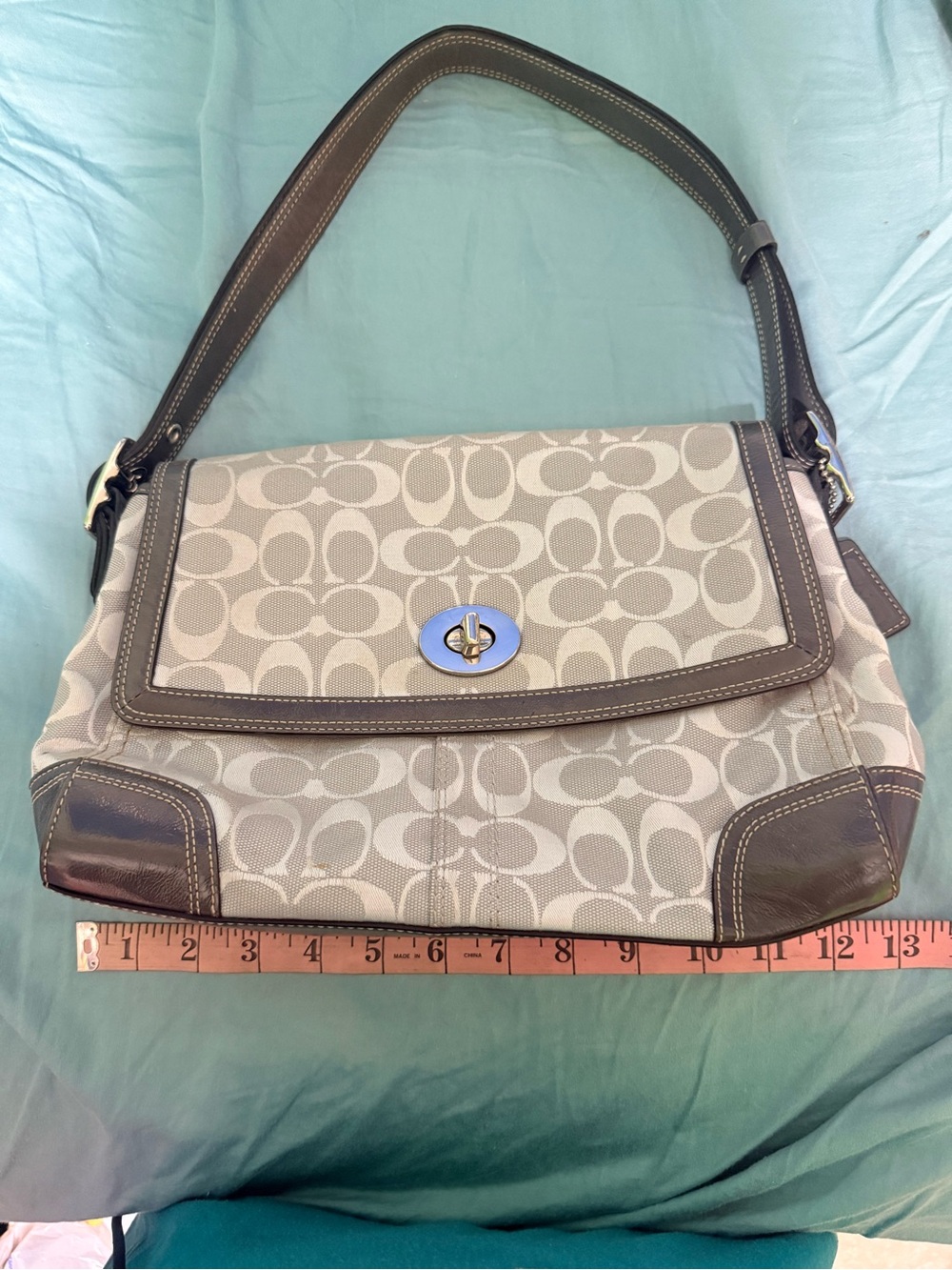 Coach Gray Signature Canvas Shoulder Bag with Dark Brown Trim